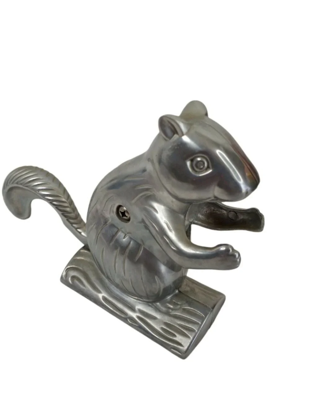 Vintage Squirrel Nut Cracker Mechanical On Tree Log Cast Aluminum Animal